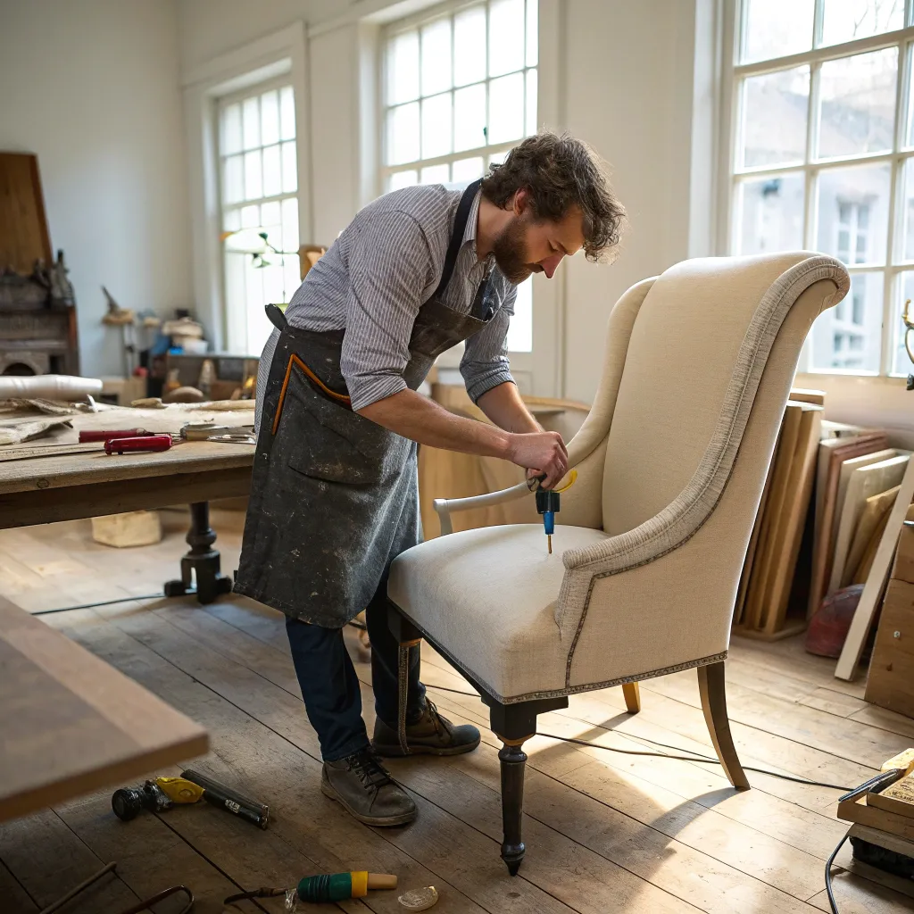 Andrew Miller working on an upholstered chair in his workshop