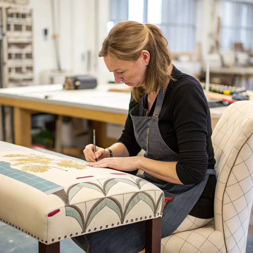 Laura Thompson working on an artistic upholstery project