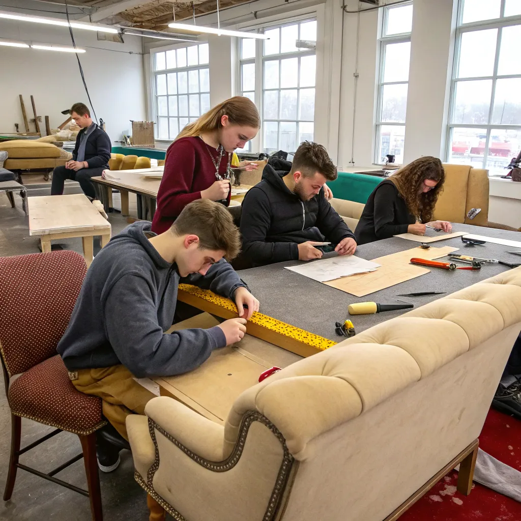 Group of students learning upholstery at TYRANELIX